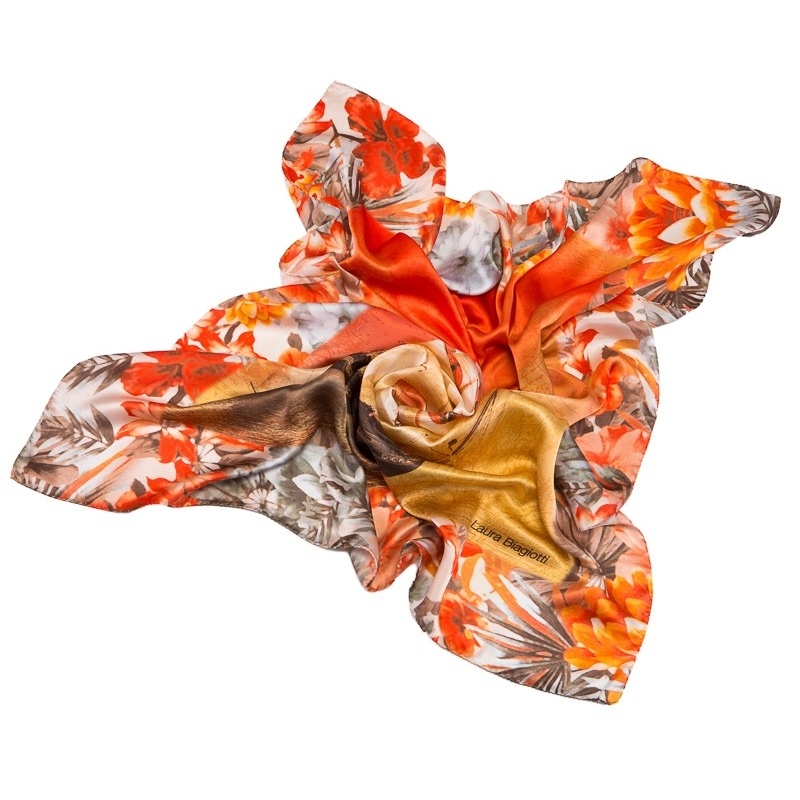  GIFT: Laura Biagiotti scarf ships coral and mother of pearl flower earrings silver