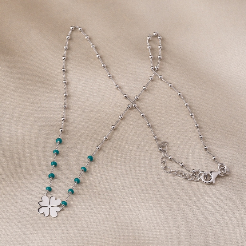 Sterling Silver Necklace Lucky Green Clover