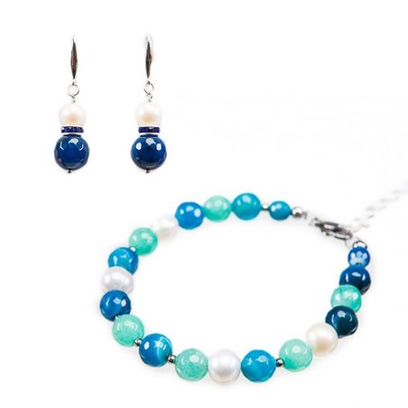 GIFT: Bracelet and earrings silver blue agate, turquoise and pearls
