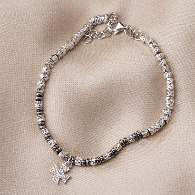 Bratara argint Black & White Silver Cross charm