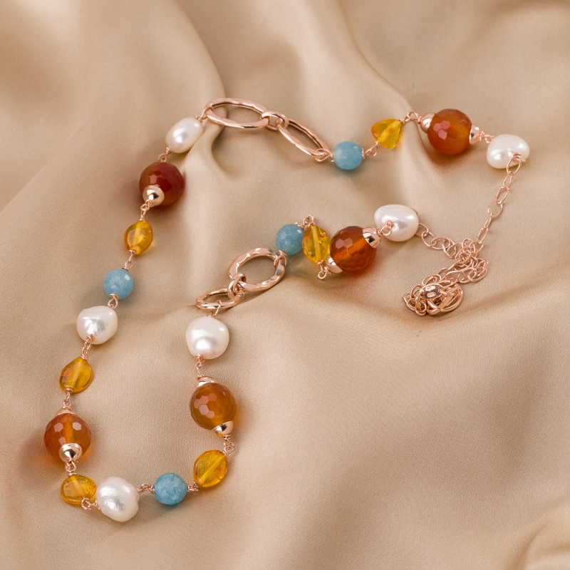 Sterling Pink Silver Necklace blue quartz, carnelian and pearls