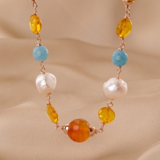 Sterling Pink Silver Necklace blue quartz, carnelian and pearls