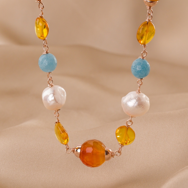 Sterling Pink Silver Necklace blue quartz, carnelian and pearls