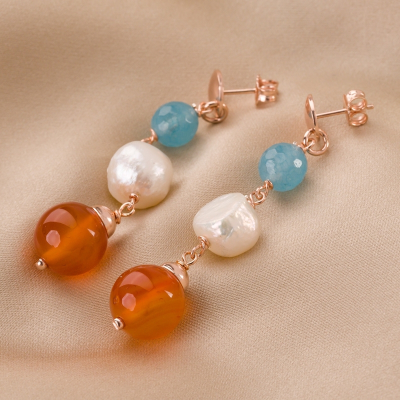 Sterling Pink Silver Earings blue quartz, carnelian agate, white pearls