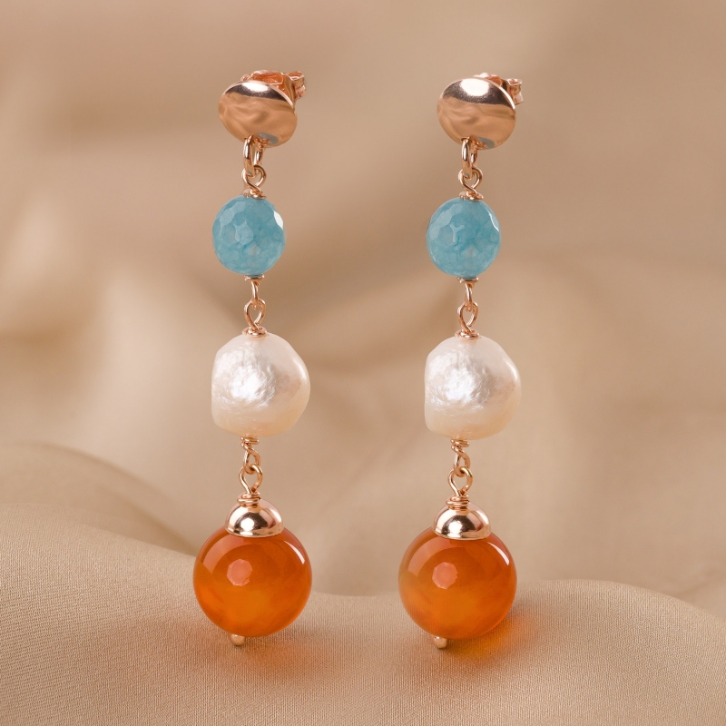 Gift Sterling 925 Silver pink Earrings, Necklace and Bracelet blue quartz, carnelian and pearls