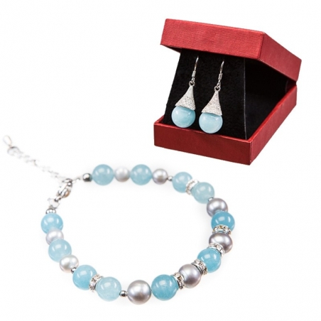 CADOU: Cercei argint crin cu angelit si bratara angelit si perle de cultura gri