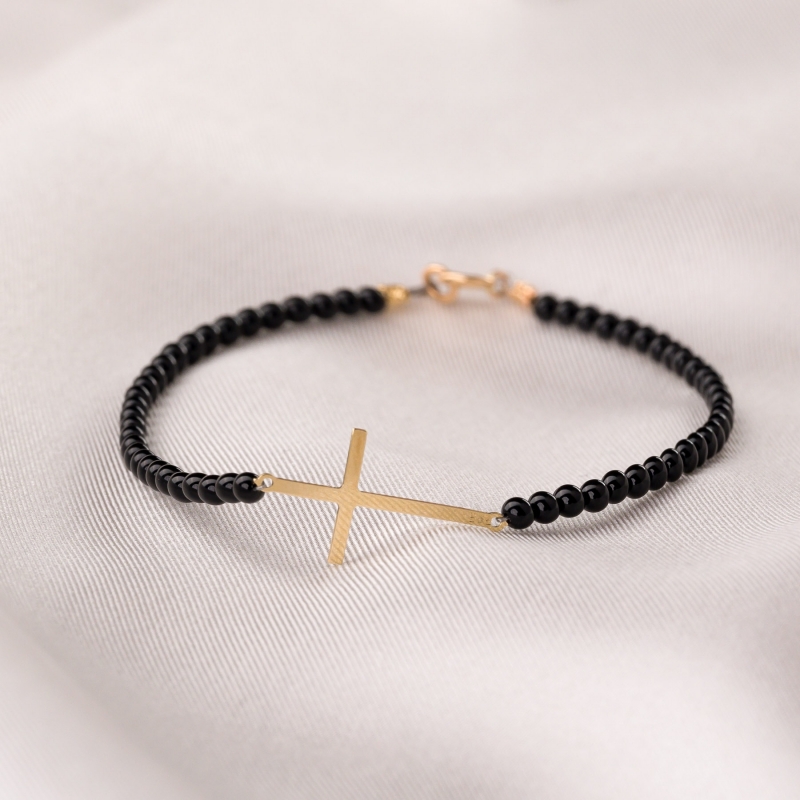 Onyx Bracelet with 14K gold cross charm