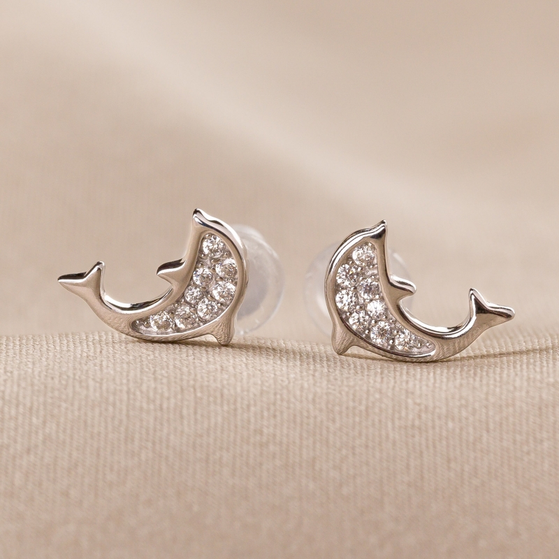 Cercei argint Happy Dolphins zirconia