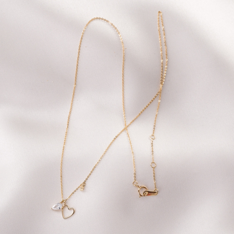 14 K Gold Necklace Minimal Drop & Heart zirconia