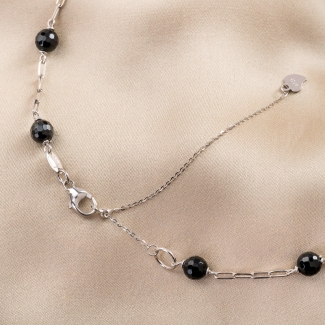 Sterling Silver Necklace Black Agate, adjustable