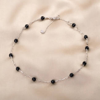 Sterling Silver Necklace Black Agate, adjustable