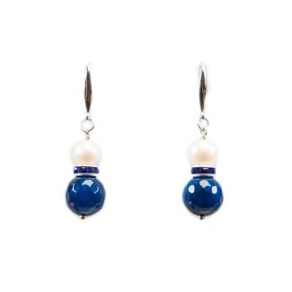 Silver earrings with blue agate and white pearl