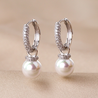 Sterling Silver Earrings Creole White Pearl zirconia