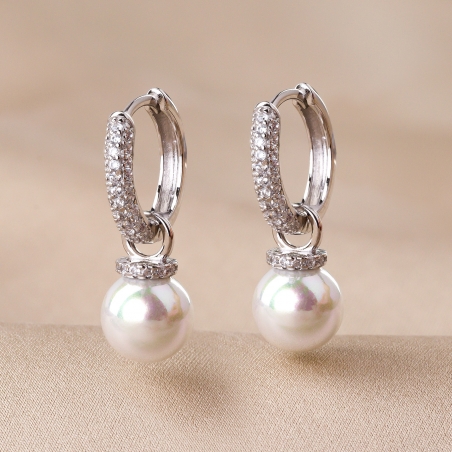 Sterling Silver Earrings Creole White Pearl zirconia