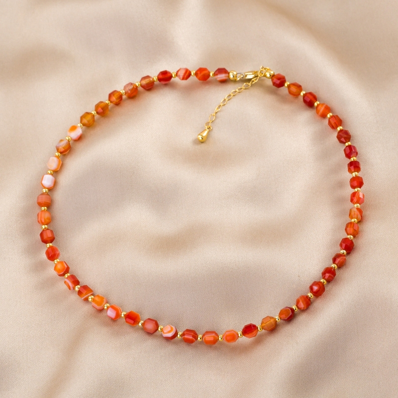 Barrel agate necklace in brick colors 14K gold plated silver