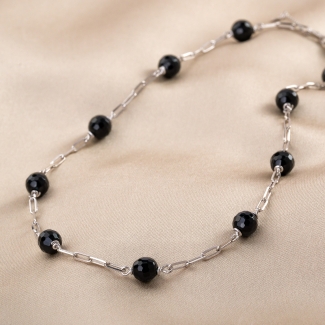 Sterling Silver Necklace Black Agate, adjustable