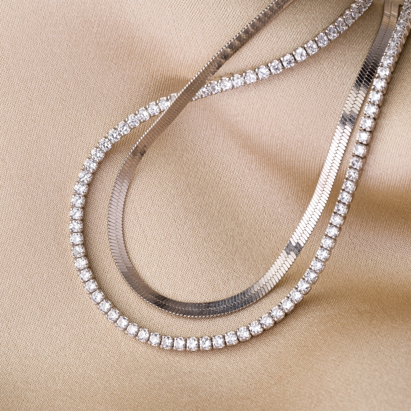 Sterling Silver Necklace Tennis & Herringbone white zirconia
