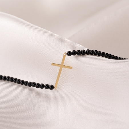 Black Tourmaline with 14K Gold cross charm Bracelet