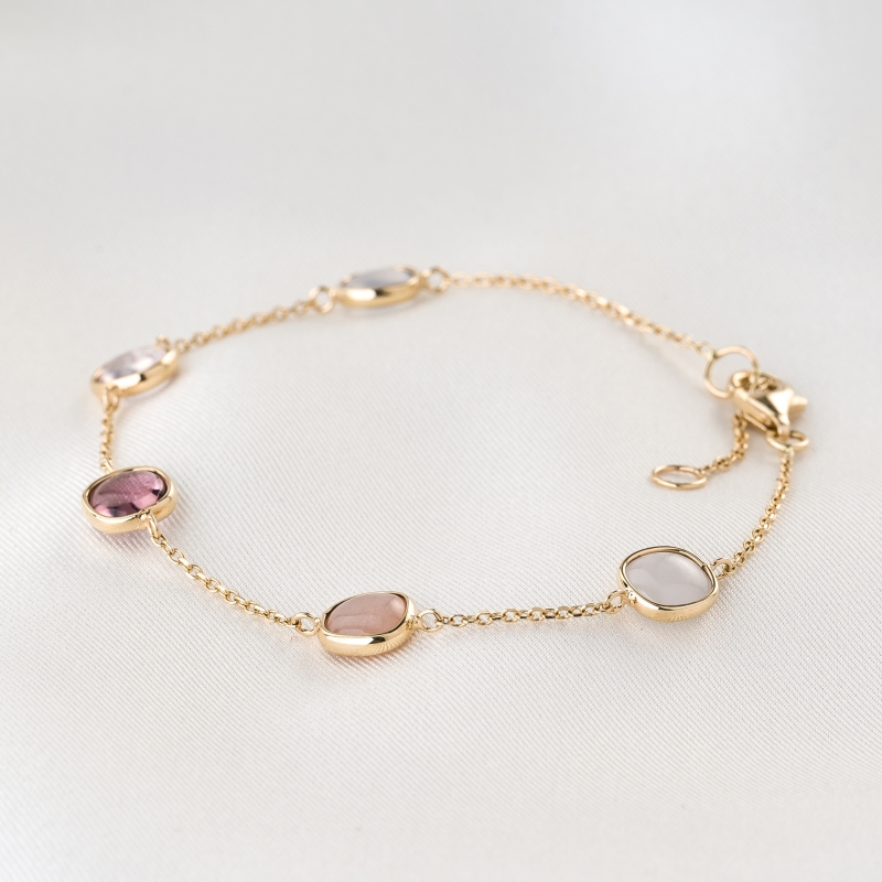 14K Gold Bracelet Claire du Monde White Jade, Moon stone, Aquamarine