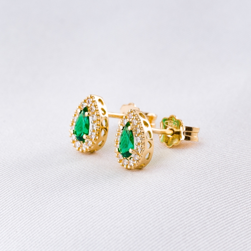 14K Gold Earrings Emerald Drops zirconia
