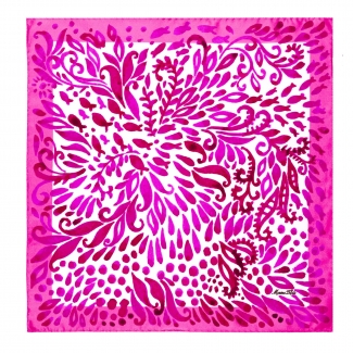 Esarfa din matase cu imprimeu floral si pesti, culori fucsia si roz.
