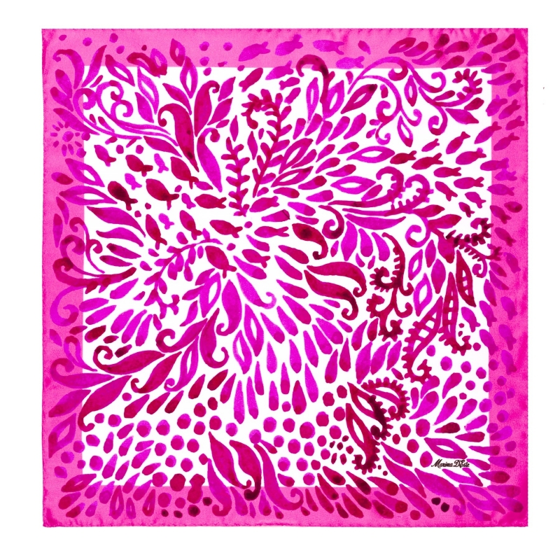 Esarfa din matase cu imprimeu floral si pesti, culori fucsia si roz.