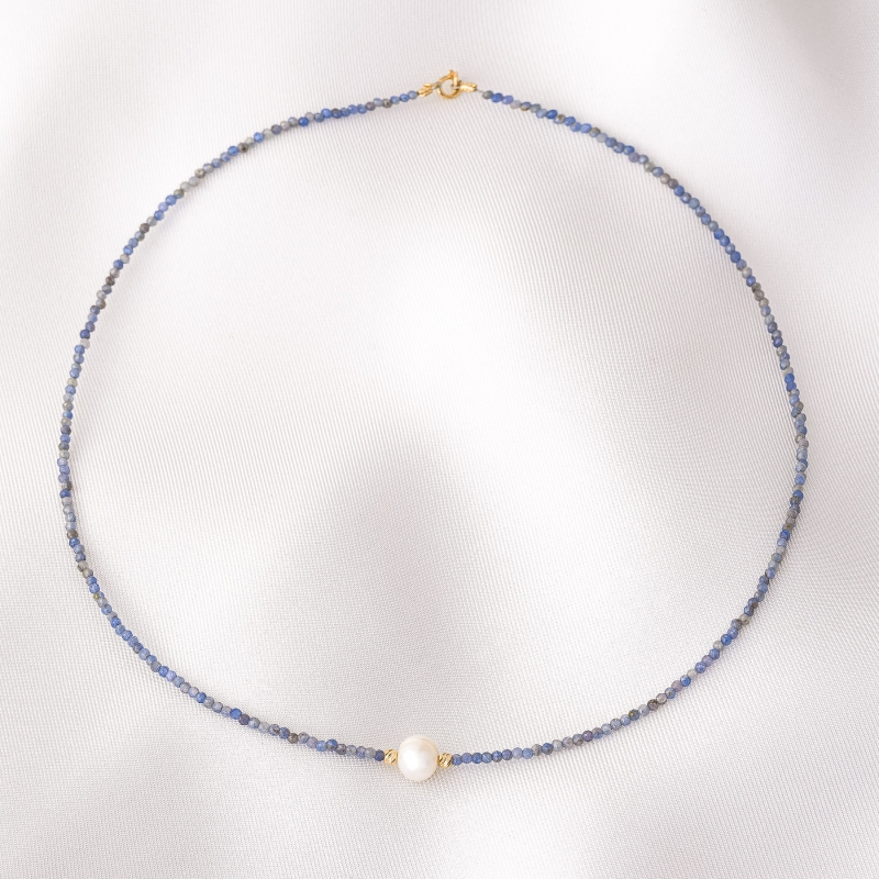 Grey Sapphire Pearl Necklace, 14K gold charms