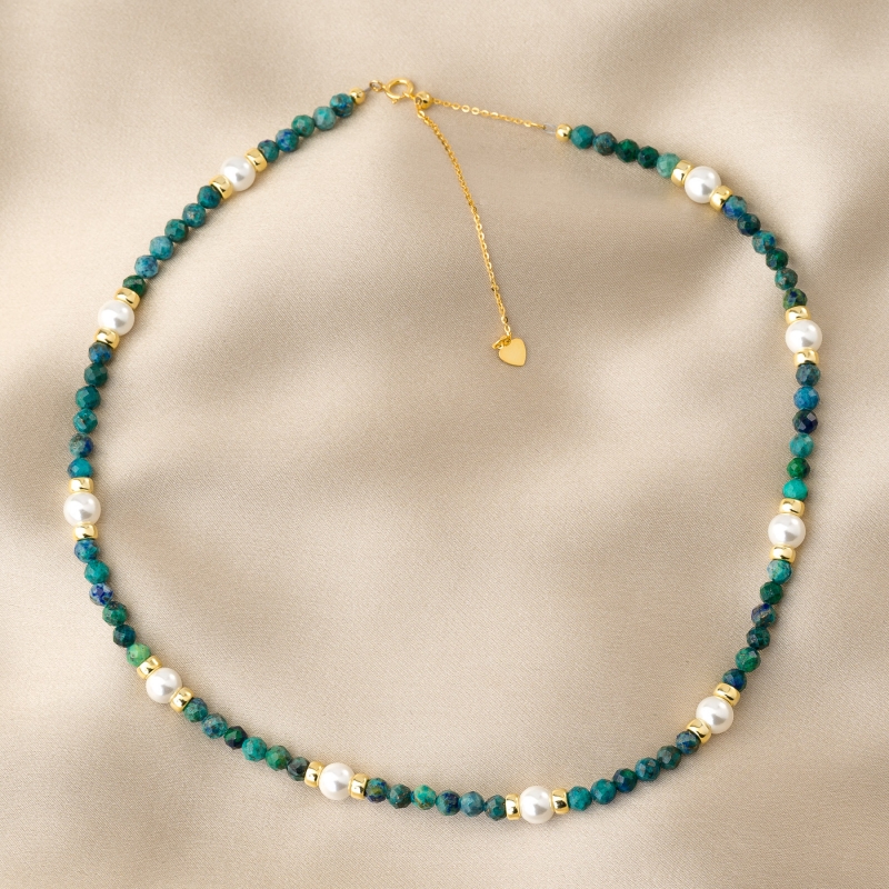 Choker argint Summer Look azurit, perle, lantisor culisant gold