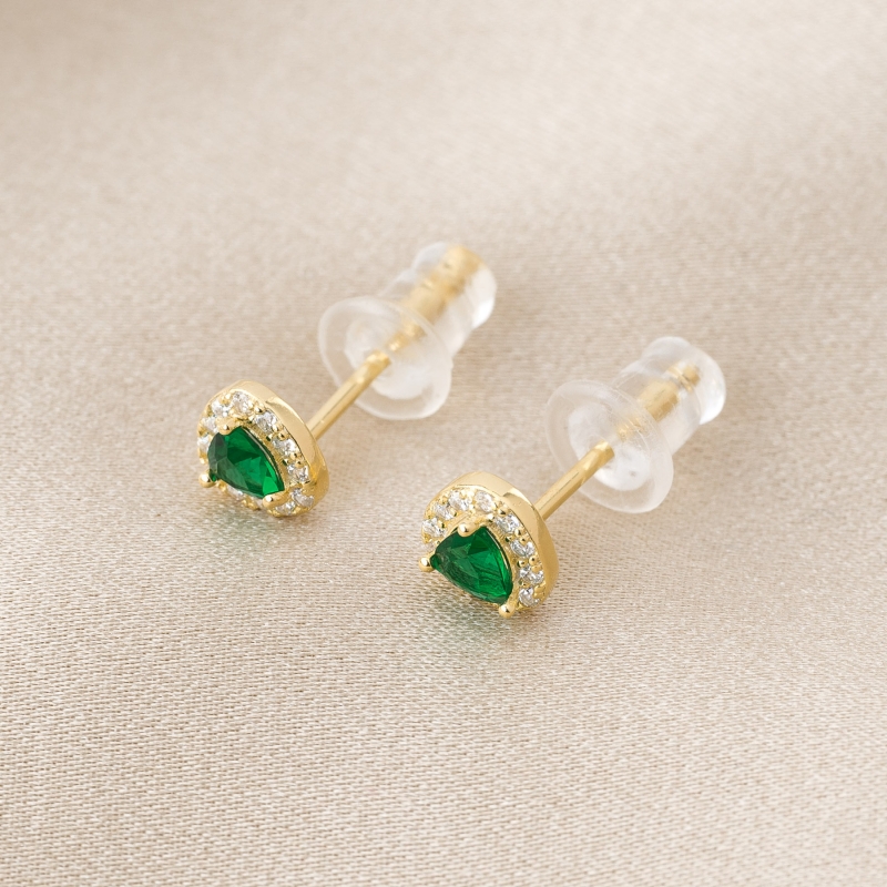 Sterling Silver Earrings Minimal Green Heart zirconia gold