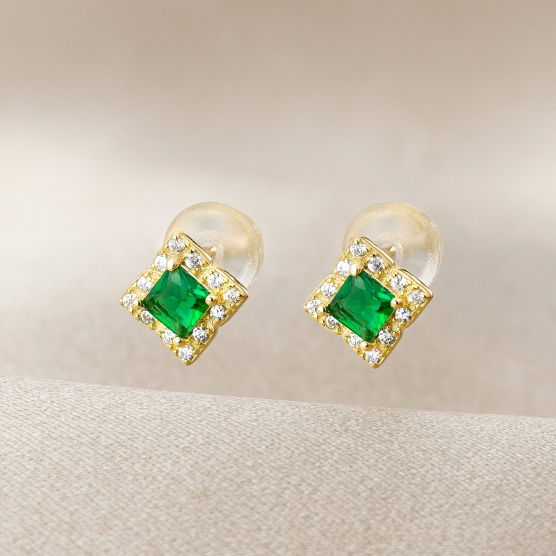 Sterling Silver Earrings Minimal Green Glow zirconia gold