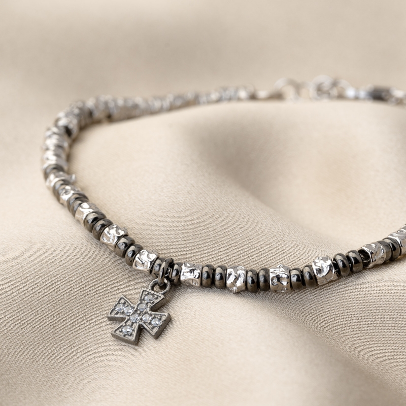 Bratara argint Black Silver Cross charm