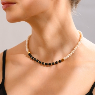 Choker argint Magnetic Touch onix, perle, lantisor culisant gold