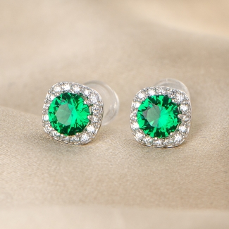 Sterling Silver Earrings Square Minimal Green zirconia