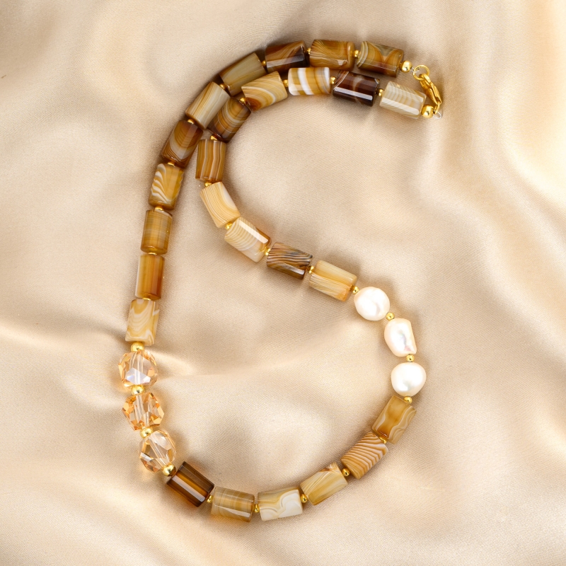 Sterling Silver Necklace agate, pearls, Golden Shadow cristals