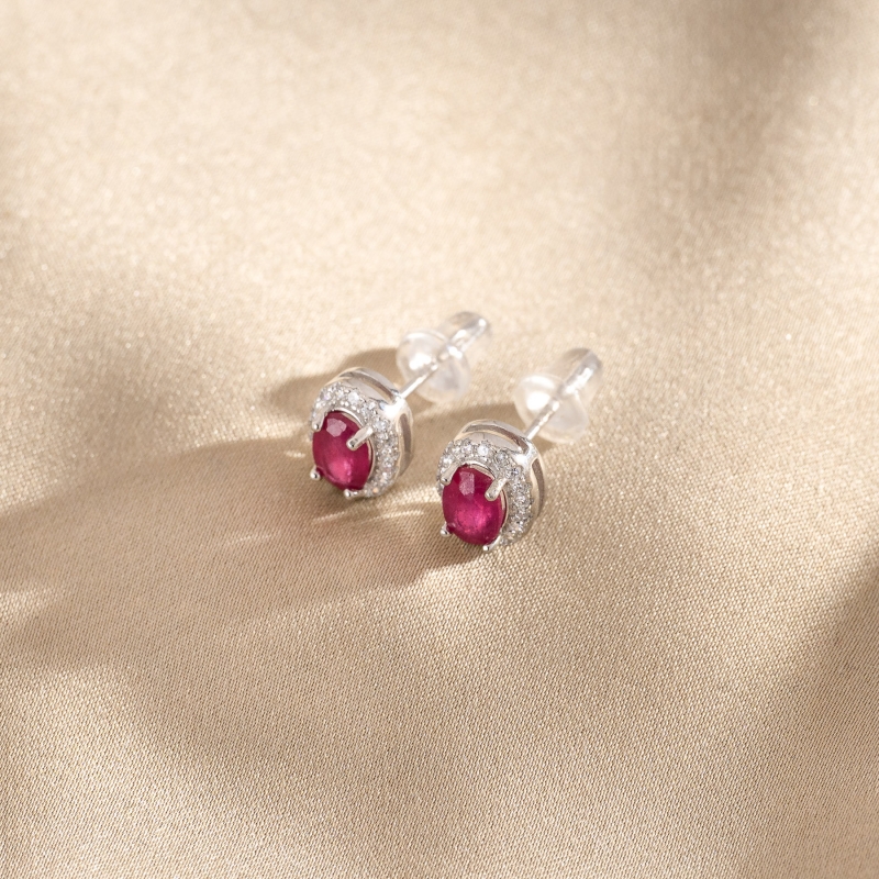 Sterling Silver Earrings Minimal Classy Halo with ruby