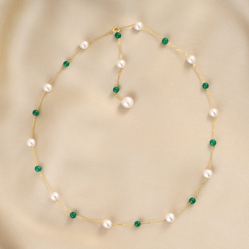Sterling Silver Necklace Allegria, green agate, pearls