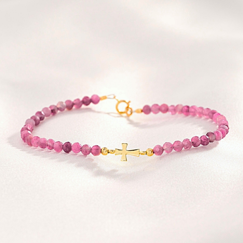 Bratara Sweet Cross, turmalina roz, cruce aur 14K