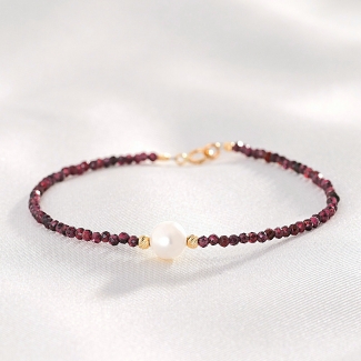 Bold Grace Bracelet, garnet, pearl, 14K gold