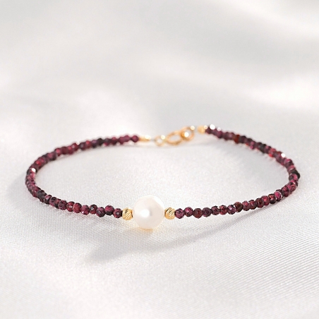 Bold Grace Bracelet, garnet, pearl, 14K gold