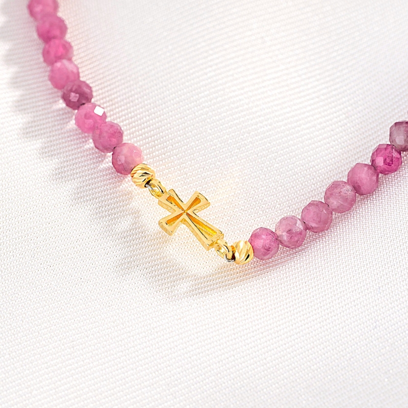 Bratara Sweet Cross, turmalina roz, cruce aur 14K