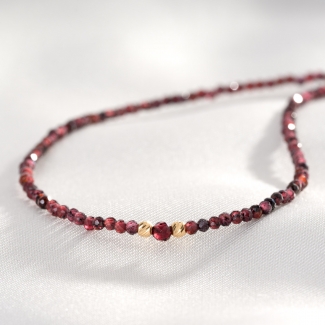 925 Sterling Silver Necklace Love Story, garnet 14K gold charms