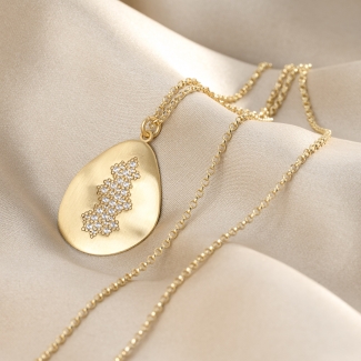 925 Sterling Silver Necklace Foglie Pave Grande, 70 cm, 23K gold plated