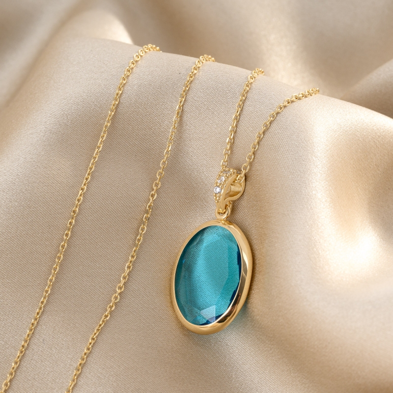 925 Sterling Silver Necklace Marine Ovali, 42 cm, 23K gold plated