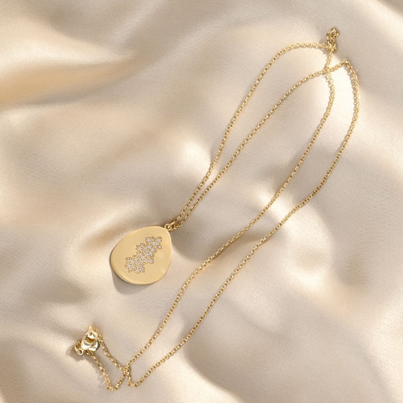 925 Sterling Silver Necklace Foglie Pave Grande, 70 cm, 23K gold plated