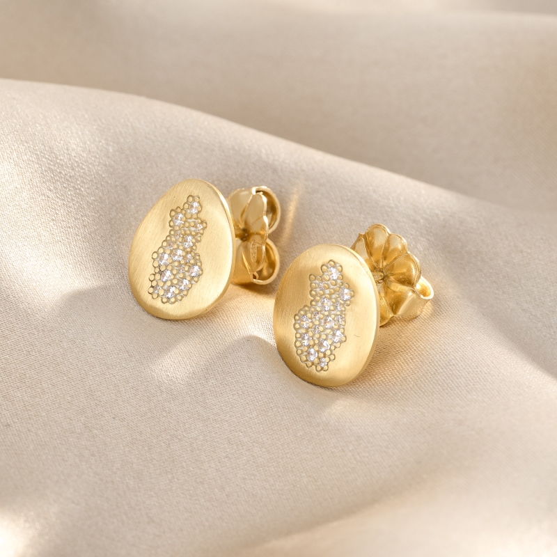 925 Sterling Silver Earrings Foglie Pave Picollo, 23K gold plated