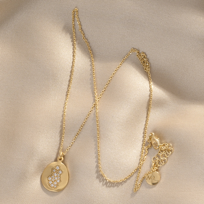 925 Sterling Silver Necklace Foglie Pave, 42 cm, 23K gold plated