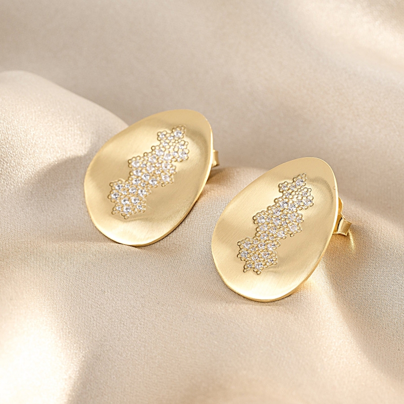 925 Sterling Silver Earrings Foglie Pave Grandi, 23K gold plated