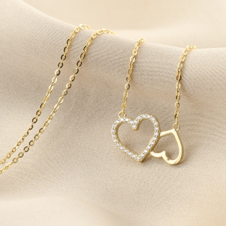 Colier argint placat aur 14K cu doua inimi unite,una cu pietre zirconiu.