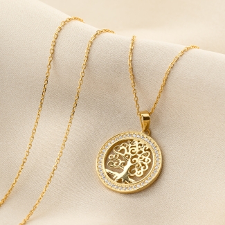 Colier auriu cu pandantiv rotund, arborele vietii, margini cu pietricele.