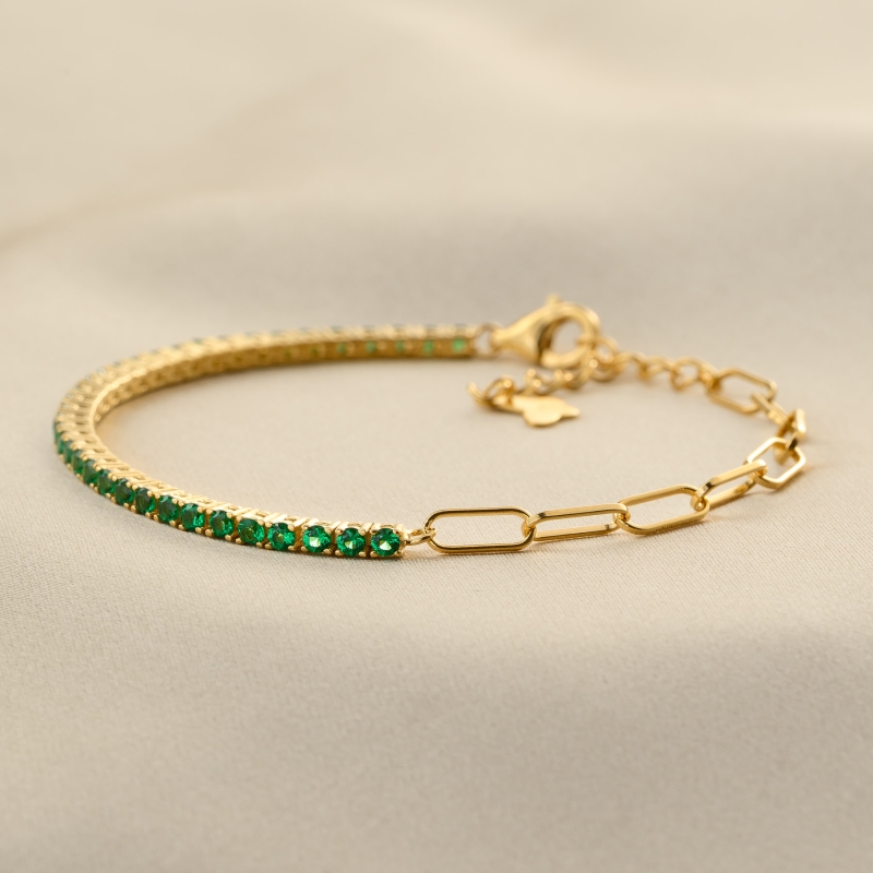 Bratara argint Mix Tennis Chain green zirconia gold